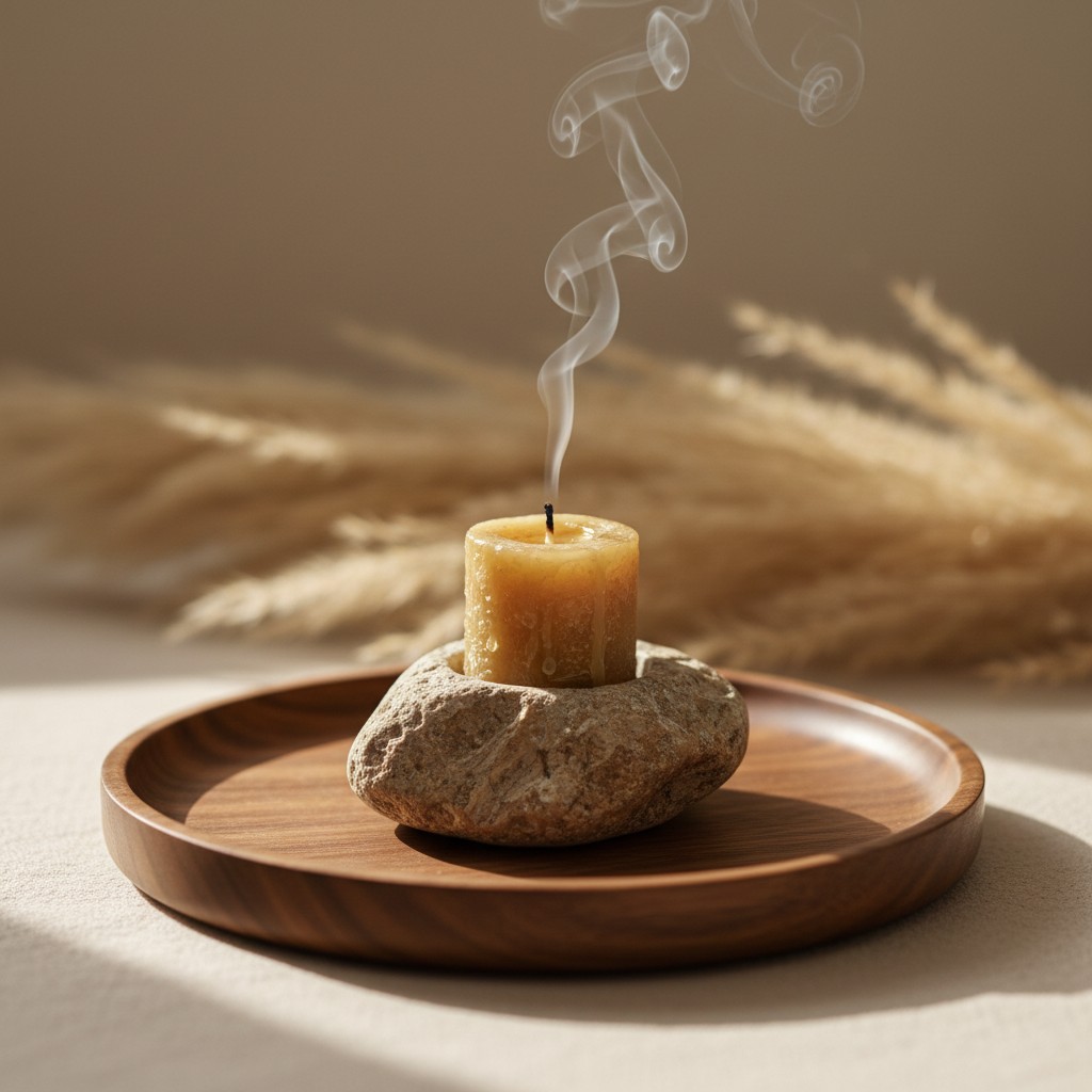 A beige candle on a wooden surface, emitting a wisp of smoke, set atop a textured rock, surrounded by shadows and blurred ...