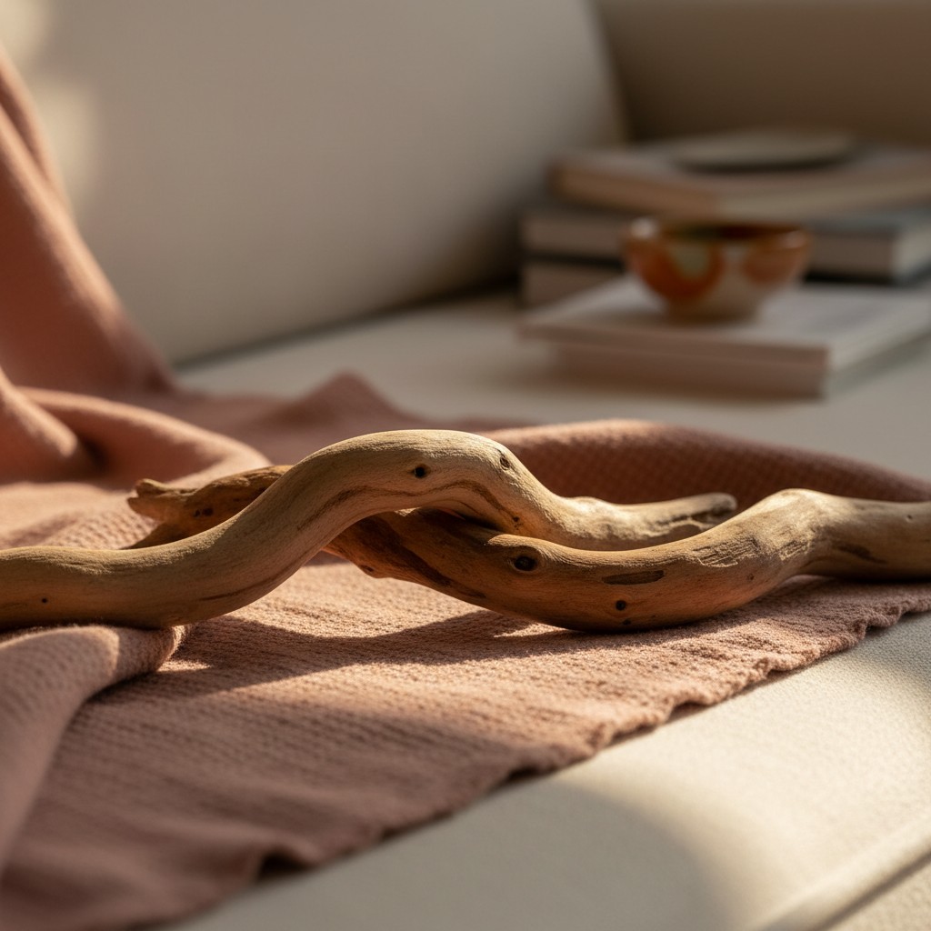 === A Natural, Wavy Piece of Driftwood Sits on a Lightweight Beige Fabric Strip Extended Over a Couch. === A piece of drif...
