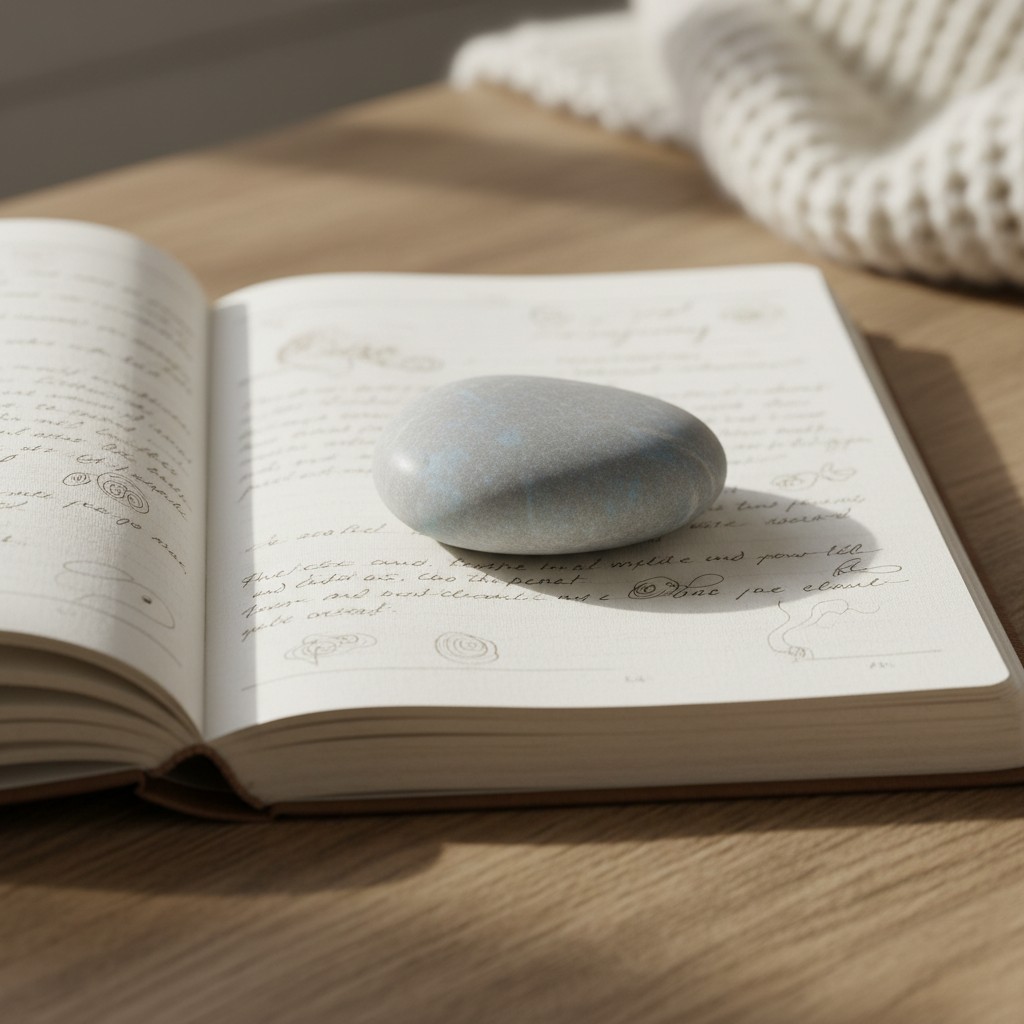 The book, which appears to be open with writing on the right-hand page, features someone's stone-like Sutras bookmark.