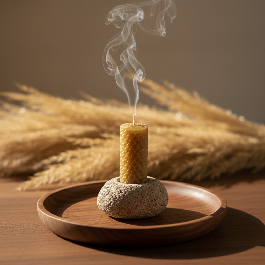Image description: A lit honeycomb beeswax candle (on a rock pillar) with smoke emanating from it sits atop a wooden base ...